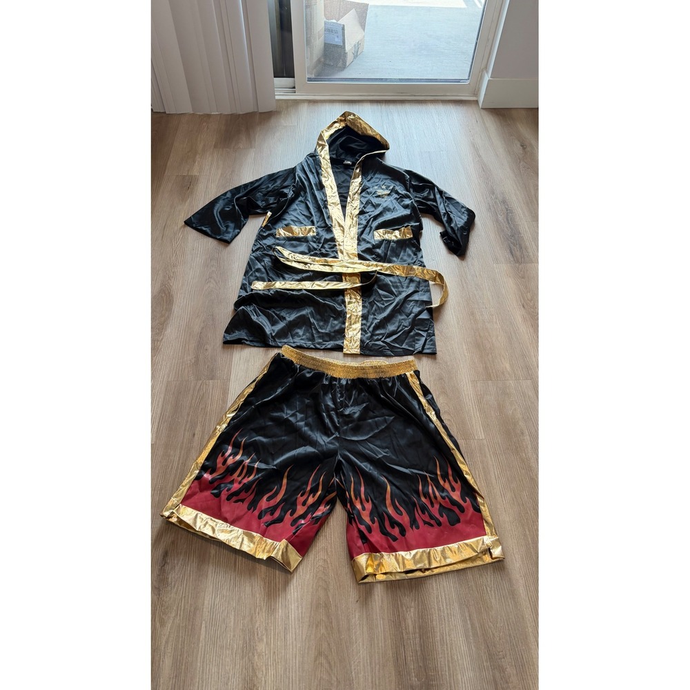 Mens Boxing Champ Costume Set Hooded Robe and Flame Shorts Black Gold XL